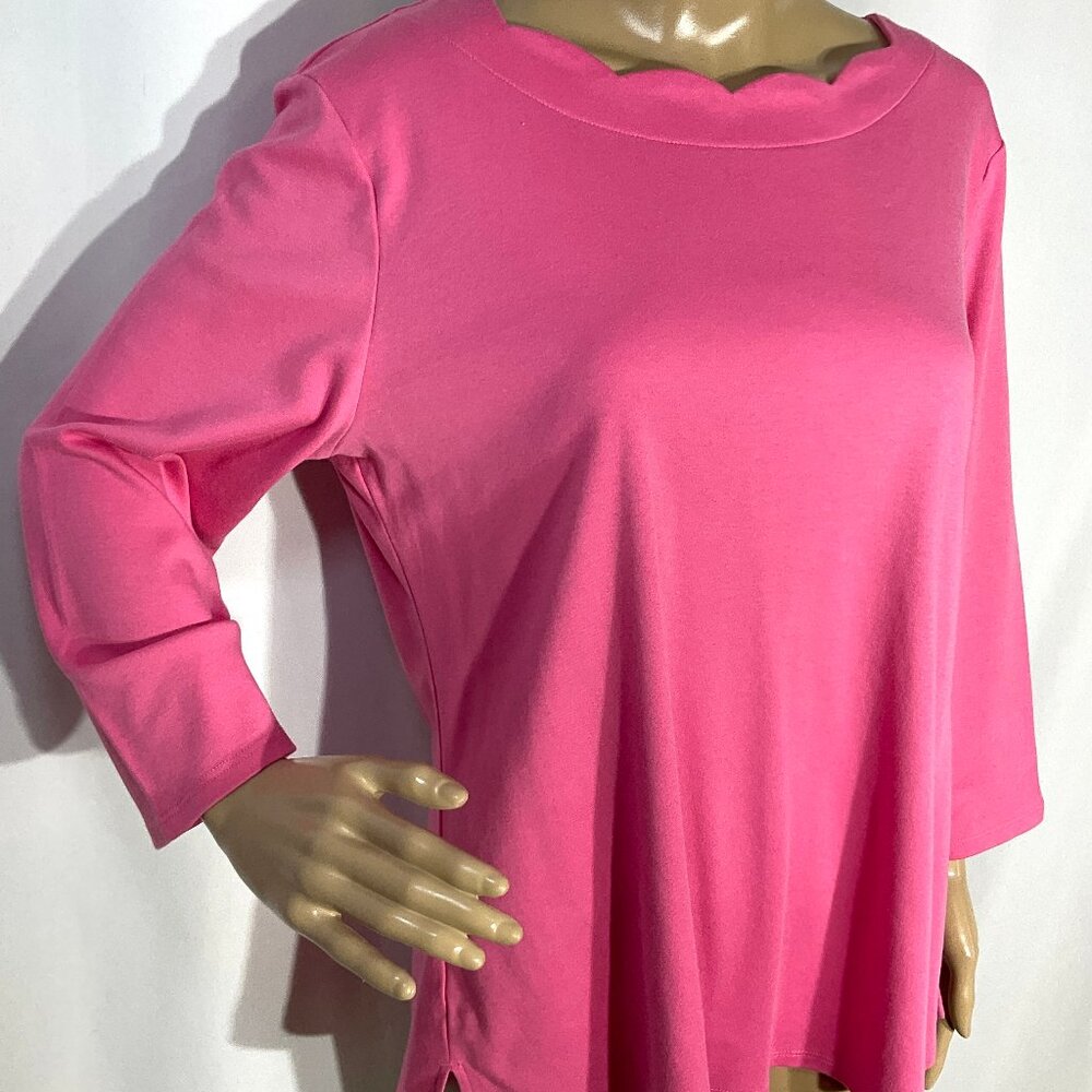 Croft & Barrow Size L Scalloped Collar 3/4 Sleeve Knit Womens Top 100% Cotton